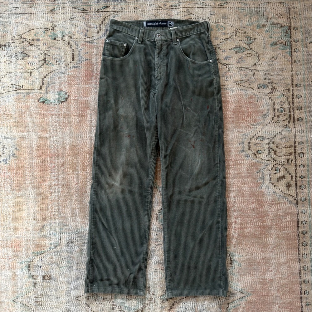Vintage Levi's SilverTab Straight Loose Cord Pants Green Paint Splatter 32x31
